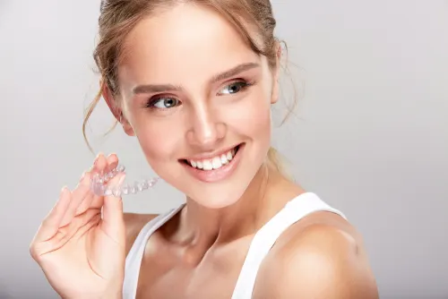 Woman holding jaw in place
