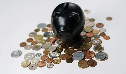 Black piggy bank and coins